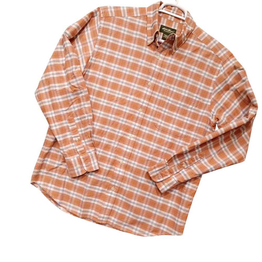 Eddie Bauer Mens Relaxed Fit Plaid Button Down Shirt Orange White Cotton Medium